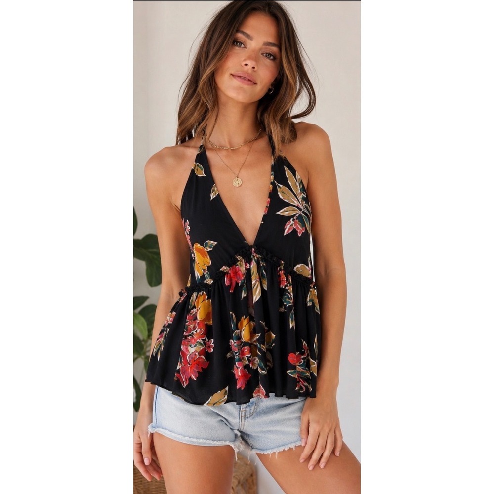 Bila 77 Halter Top Women Small Black Floral Boho Peplum Rayon Summer